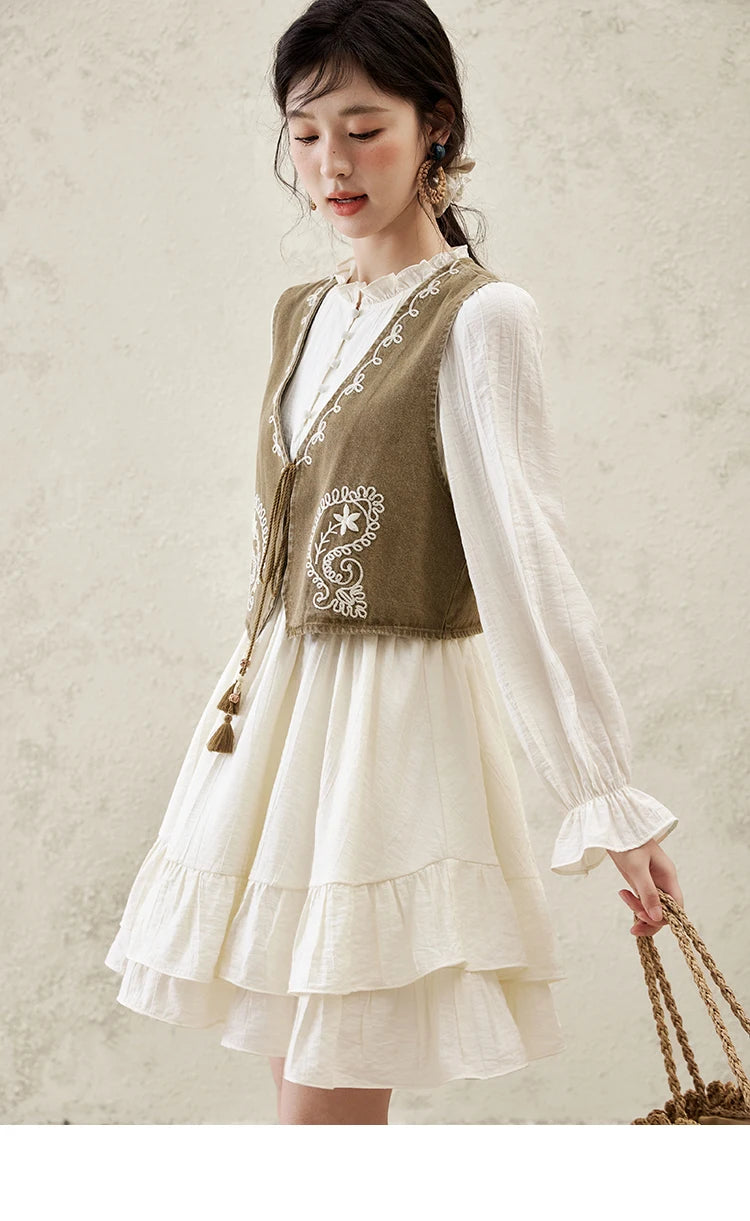 MISHOW Spring Elegant Vests Dress Separately Women 2025 Solid Long Puff Sleeve Midi Dresses Print Denim Vest Fashion MXE16L2197