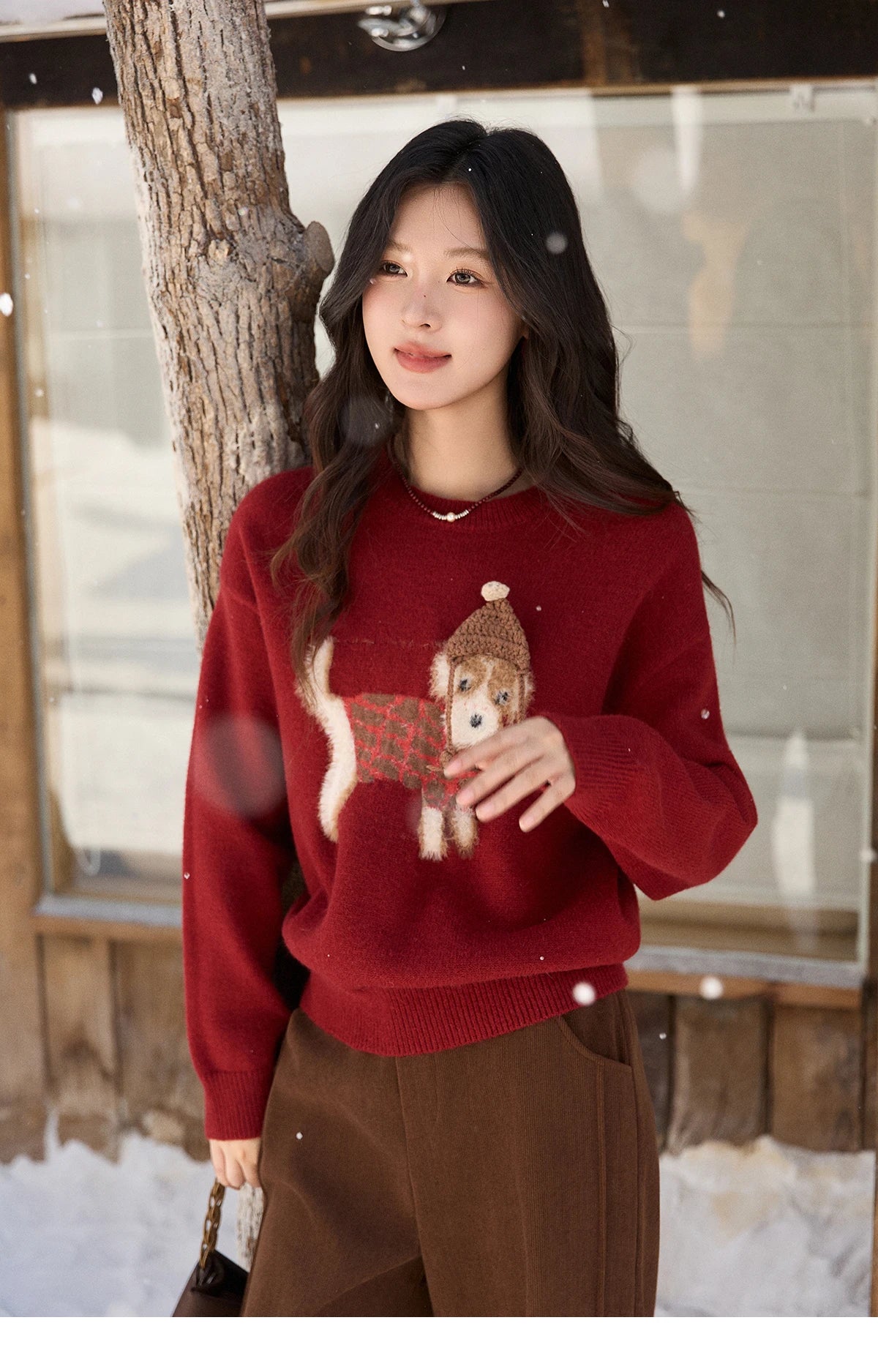 MISHOW New Year Women's Red Knitted Sweater 2025 Autumn Winter Dog Pattern Crew Neck sweaters Warm Loose Pullover Top MXE93Z2811