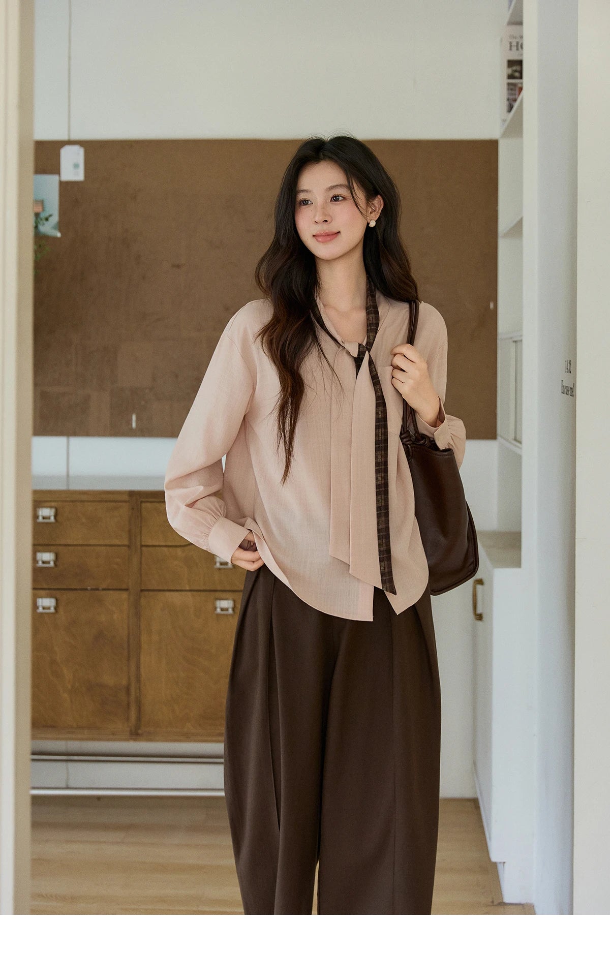 MISHOW Women's Dusty Pink Shirts Spring Plaid Tie Neck Loose Casual Shirt 100 Lyocell Lantern Sleeve Top Office Lady MXF108C0817