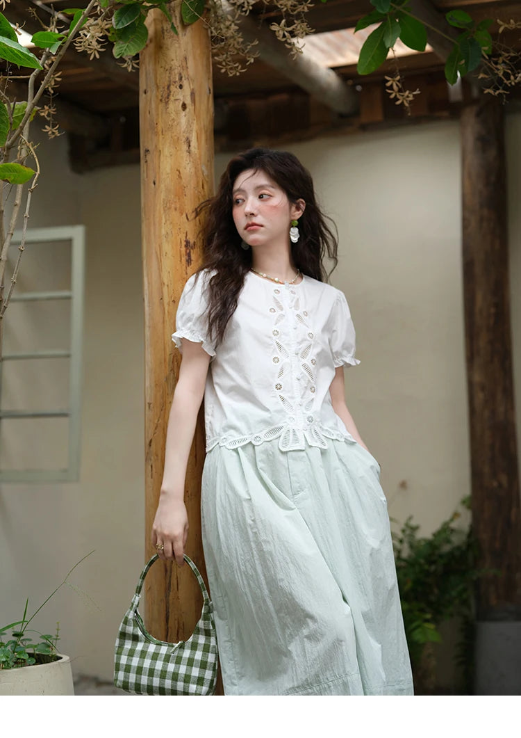 MISHOW 100%Cotton Hollow Embroidery Round Neck Shirt for Women 2025 Summer Puff Sleeve Casual Top Women's Clothing MXE39X1938