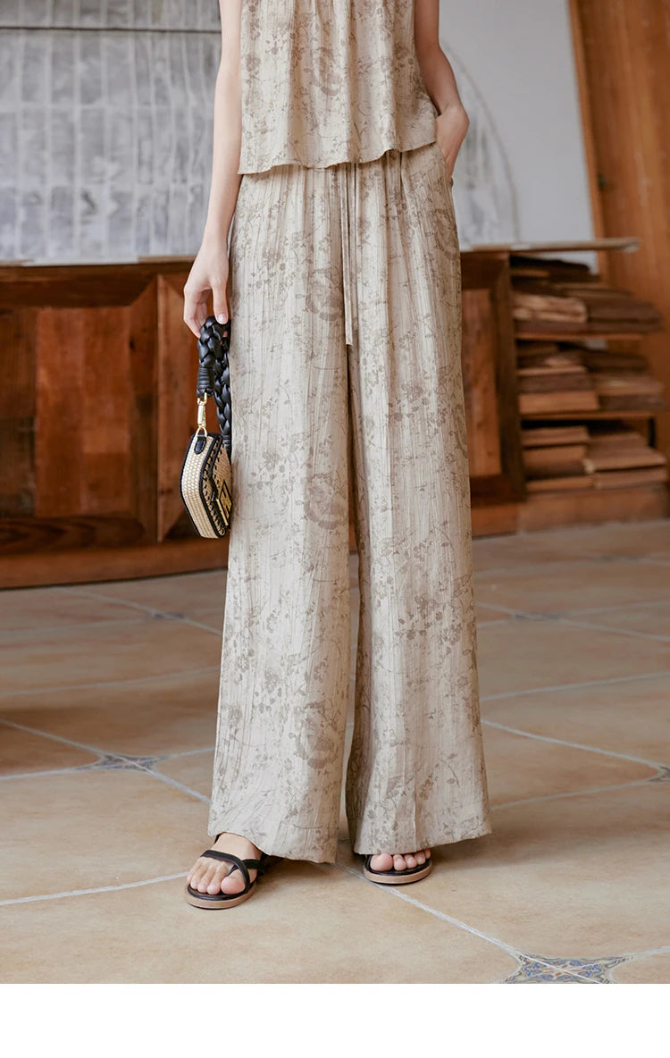 MISHOW Ink Printing Slash Neck Top Wide Leg Trouser Separately Summer Elastic Waist Pants Folds Chiffon Office Lady MXC39X1298