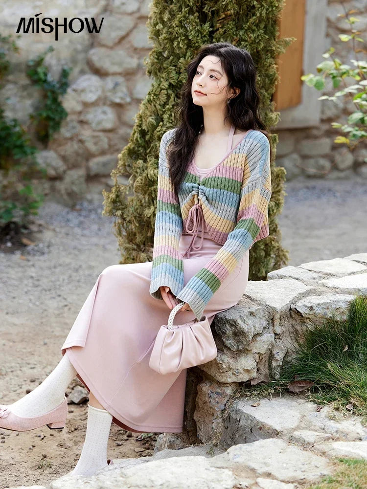 MISHOW Knitted Dress For Women Separately 2025 Spring New Fashion Sweet Vintage Colorful Striped Sweater Slim Dress MXE11L2086