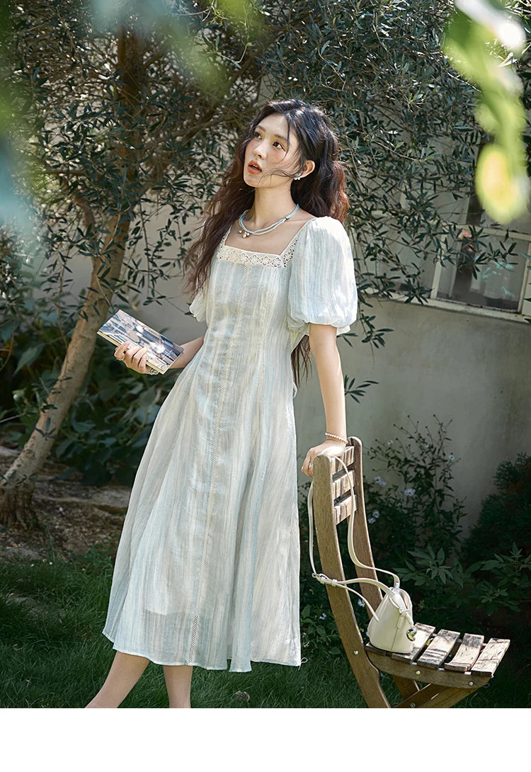 MISHOW Women's Summer Dress 2025 New Fashion Striped Square Neck Spliced Lace Hollow Out Dress Waist Lace Up Dresses MXE39L2403