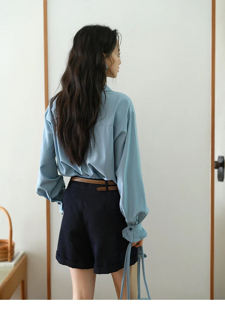 MISHOW Women's Shirts 2025 Autumn Color Blocking Buttons Pleated Cuffs Loose Top Female Solid Lapel Commuting Shirts MXE41C2352