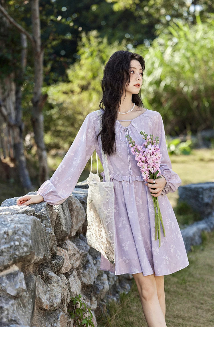 MISHOW Iris Chiffon Dress for Women Spring 2025 Waist Slim Black Fungus Edge Straps Dresses Purple Floral Fairy Dress MXE13L2095