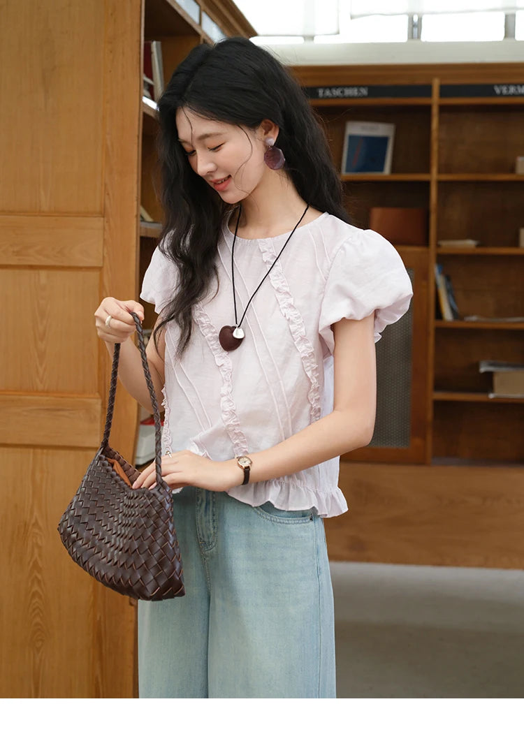 MISHOW Fashion Fungus Edge Puff Sleeve Blouses for Woman 2025 Summer O-Neck French Sweet Loose Top Ladies Clothing MXE39X1941