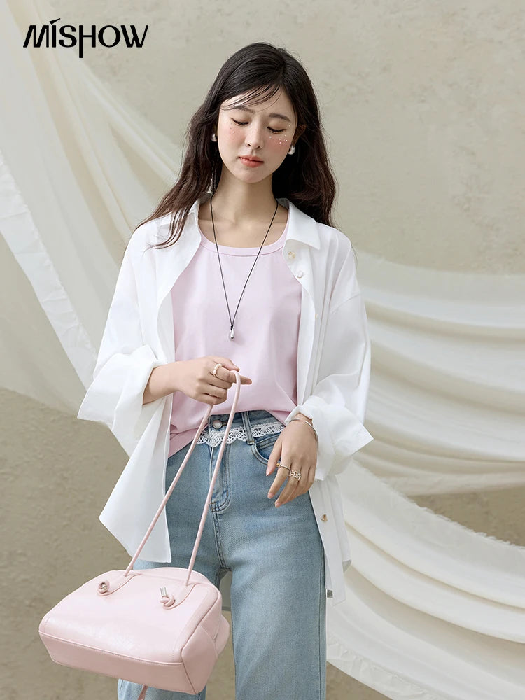 MISHOW Solid Casual T-shirts Women Summer 2025 New Square Neck Short Sleeve Shirt Female Fashion Straight Tops Woman MXE15T0483