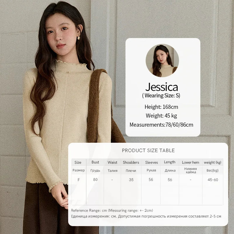 MISHOW Women's Knitted Long-Sleeved Top 2025 Winter Solid Slim Fit Ruffled Turtleneck Sweater Warm Soft Commuting Top MXE91Z2826