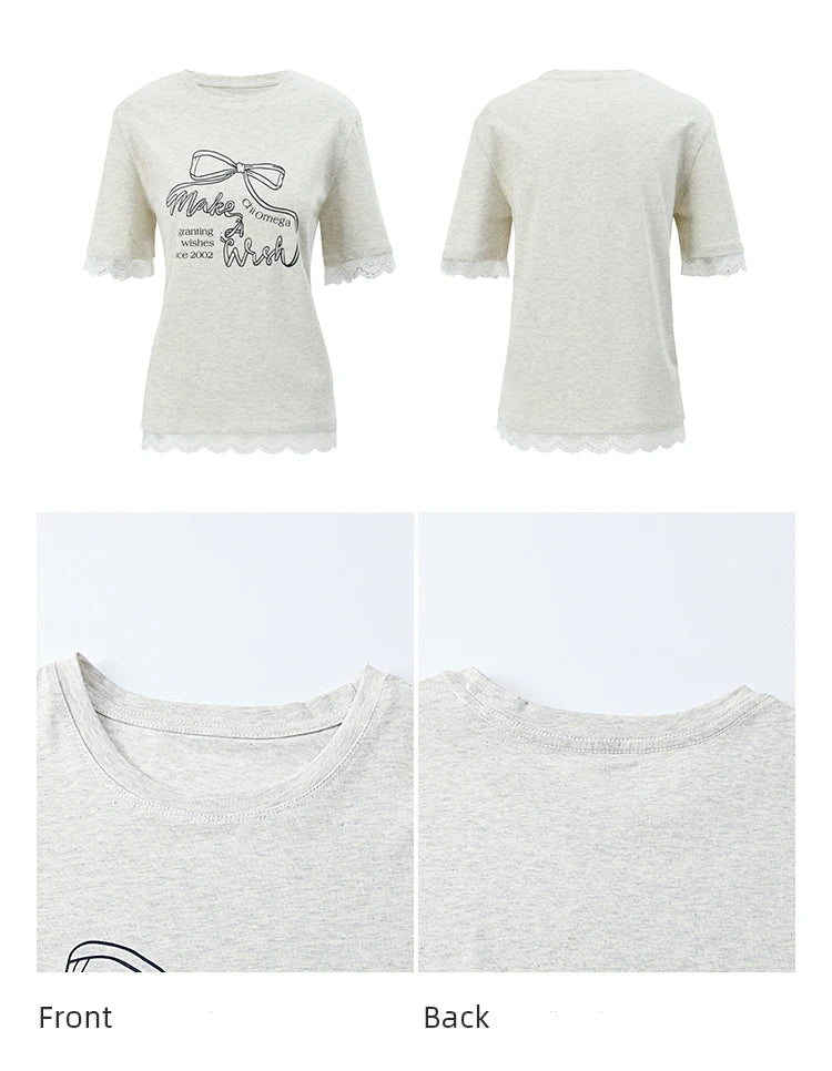 Mishow Print Lace Bow Detail Tee MXE32T0554