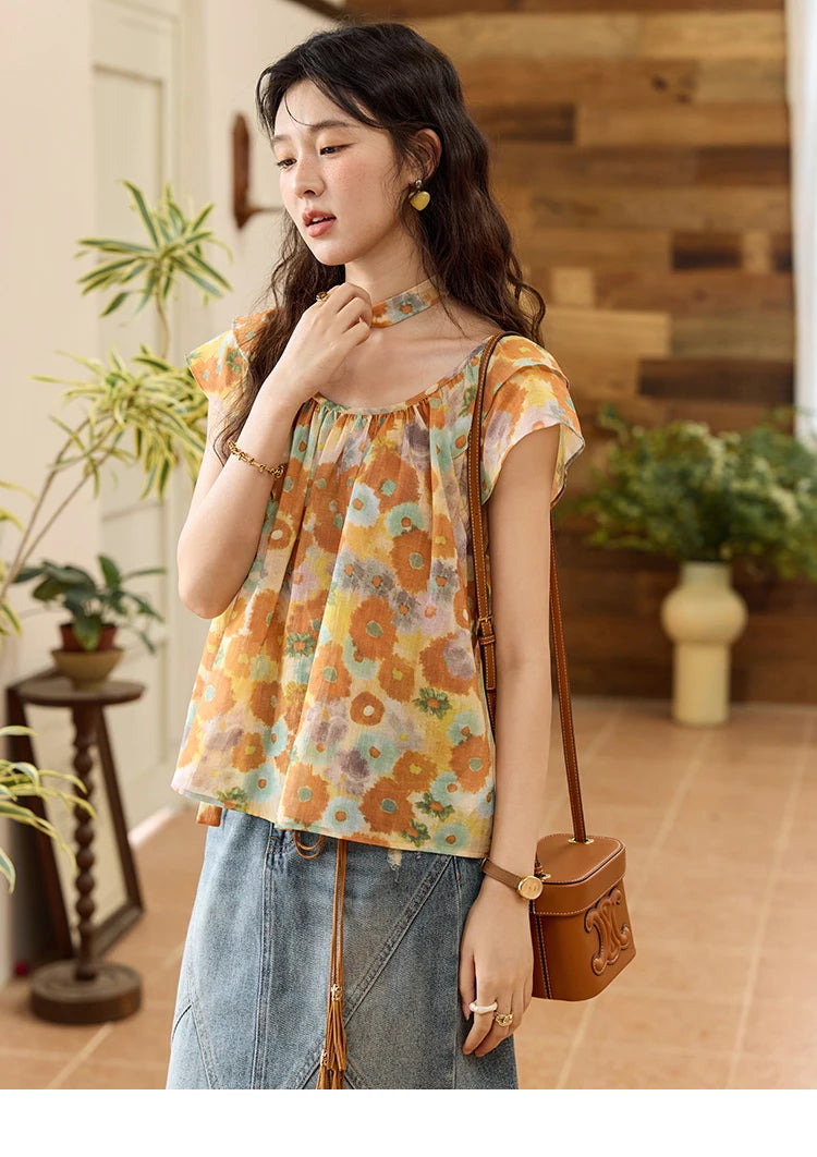 MISHOW 100 Cotton Citrus Oil Painting Printed blouse for Women 2025 Summer Vacation Korean Flying Sleeve Casual Top MXE36X1872