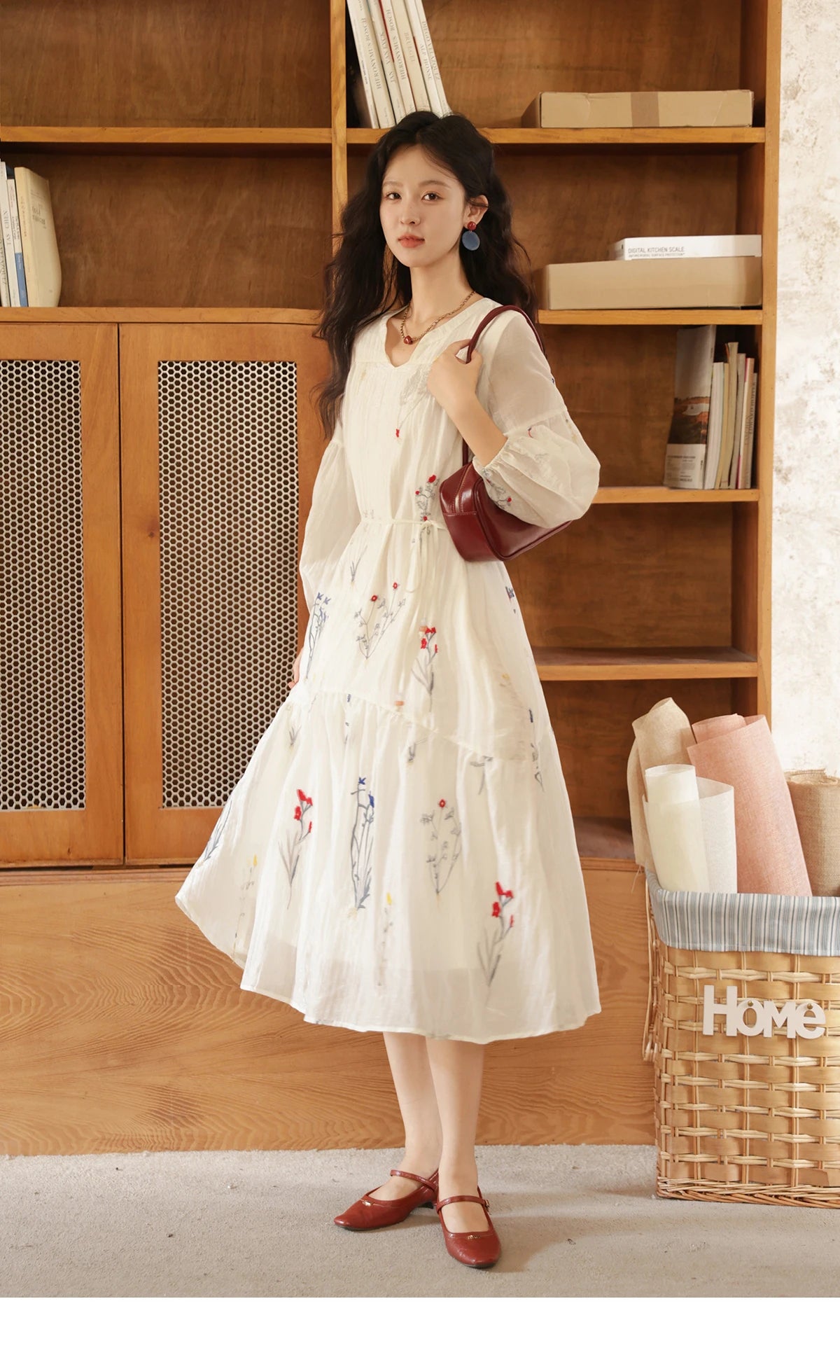 Mishow Beige Curved Collar Lantern Sleeve Tied Dress MXE41L2487