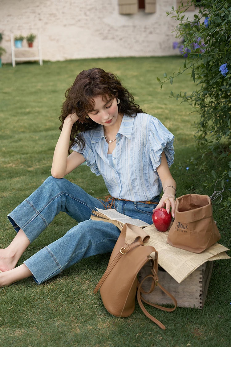 MISHOW Blue Striped Short Sleeve Shirt for Women Summer 2025 Bubble Flower Bud Sleeves Lapel Neck Shirt with Tube Top MXD24C0204