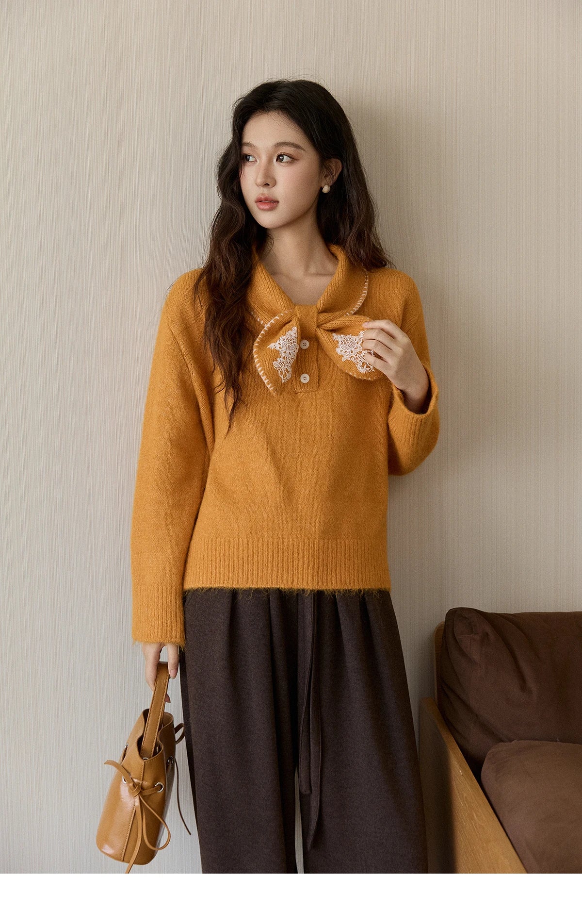 MISHOW Women's Yellow Knitted Sweater 2025 Autumn Winter Bow Collar Splicing Lace Tops Loose Warm Pullover Sweaters MXE94Z2971