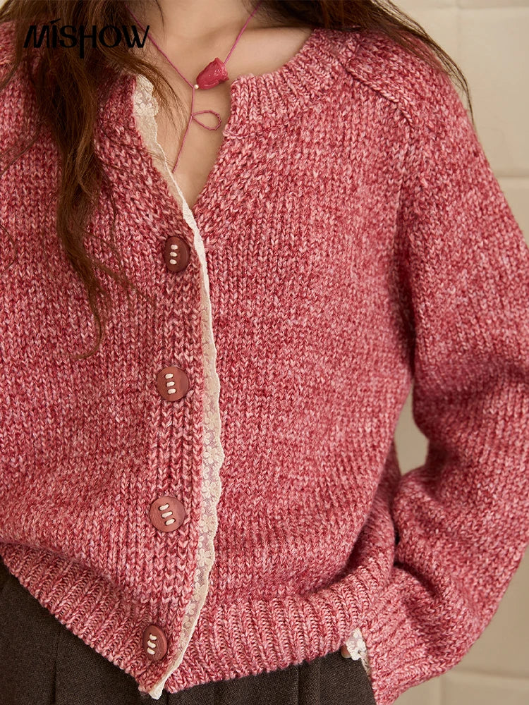 MISHOW Knitted Cardigan Women 2025 Autumn Winter Elegant Lace V-neck Single-breasted Sweater Commute Long Sleeves Top MXE51Z2548