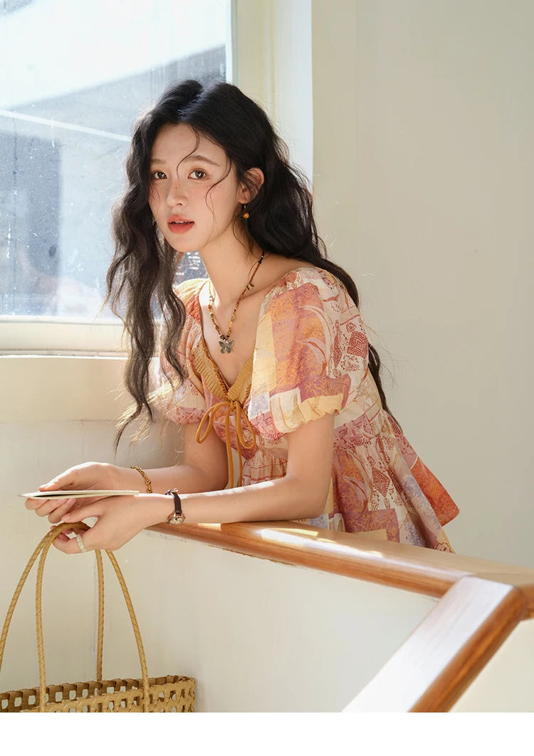 MISHOW V-neck Lace Up Patchwork Blouses for Woman 2025 Summer New Ladies Puff Sleeve Print Loose Top Female Clothing MXE38X1911