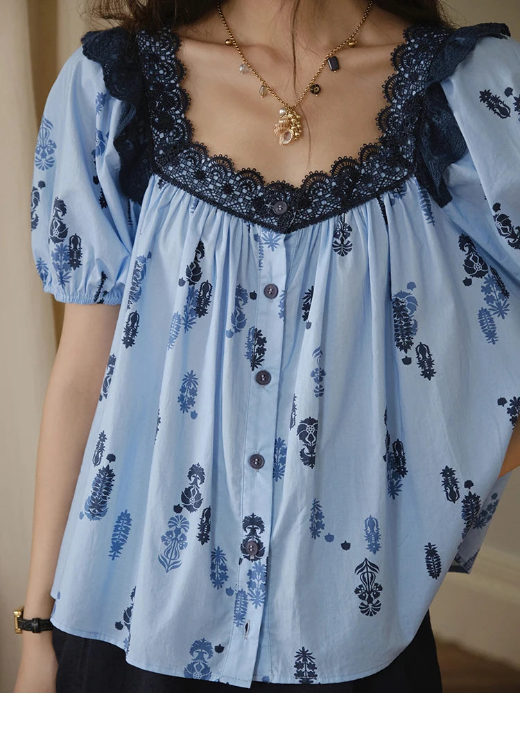 MISHOW Fashion Print Cotton Shirt for Women 2025 Summer New Puff Sleeve Lace Splicing Retro Blue Casual Button Top MXE35X1842