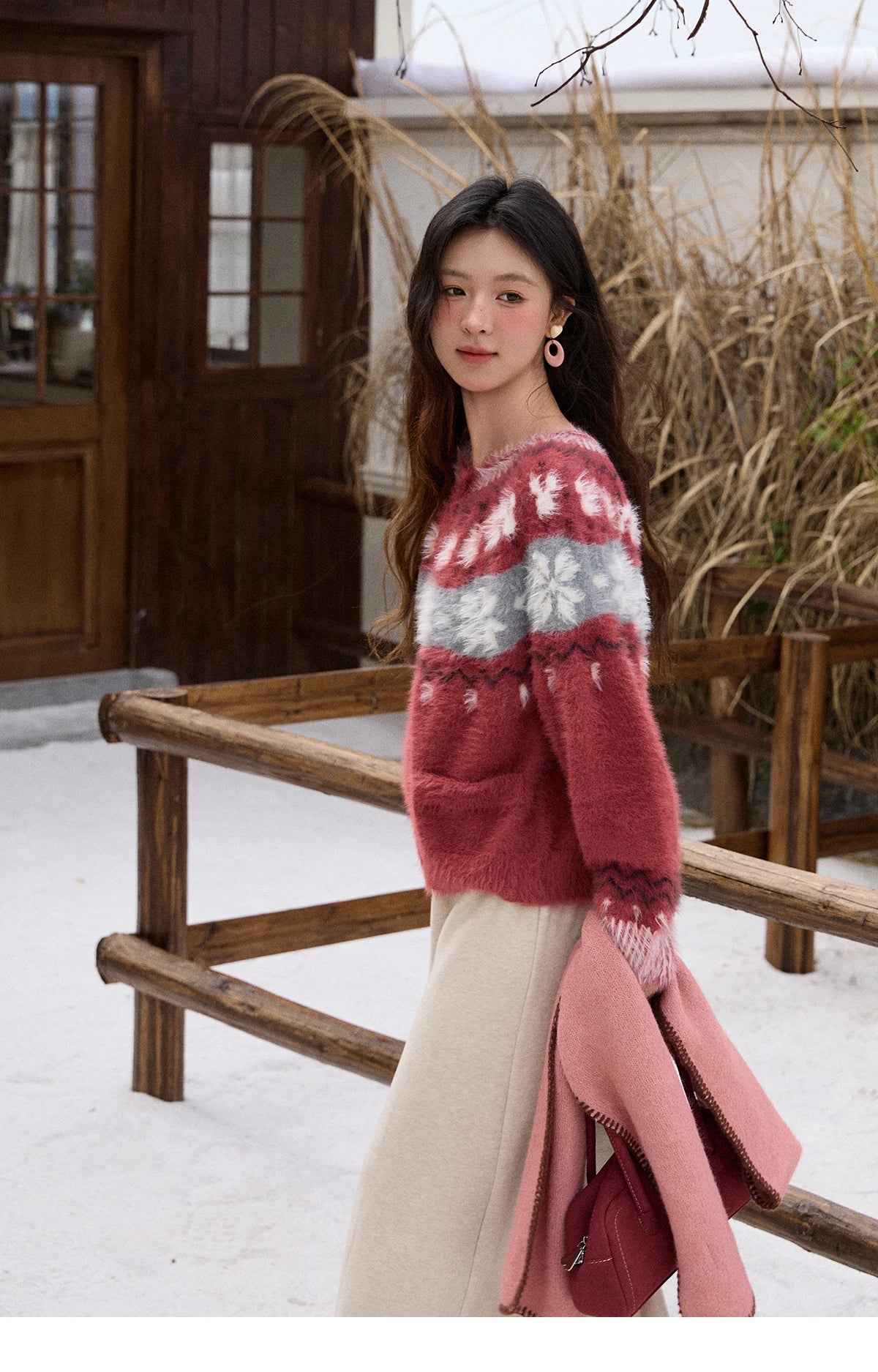 MISHOW Christmas Retro Red Imitation Mink Fur Soft Cardigan 2025 Winter Snowflake Jacquard Sweater Round Neck Tops MXE91Z2801