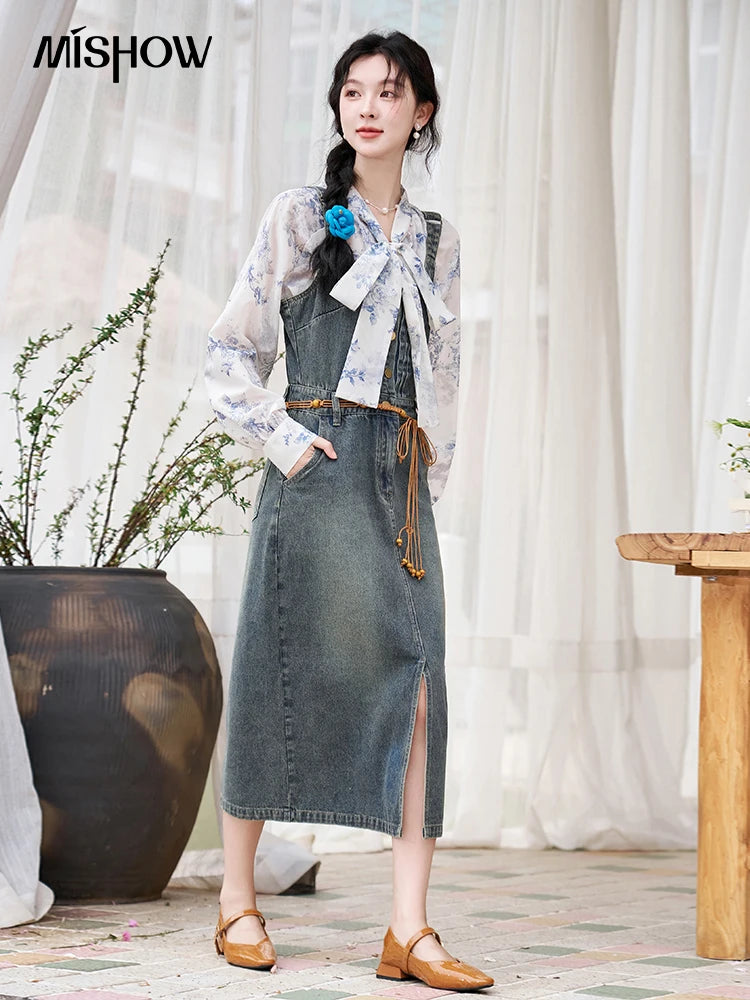 MISHOW Retro Denim Strap Dress for Women Spring Summer 2025 Symmetrical Diagonal Pockets Front Hem Slit Midi Dresses MXD14L1817