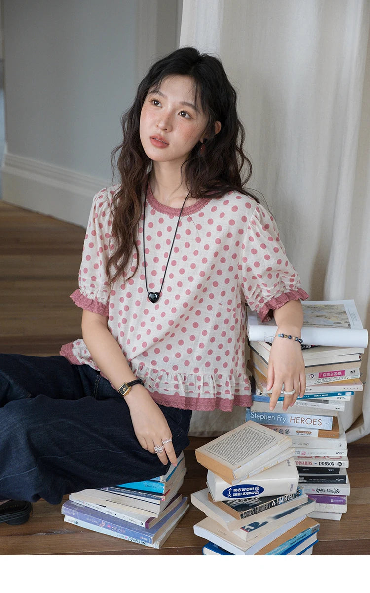 MISHOW Women's Blouse Fashion Pink Polka Dot Short Top 2025 Summer Sweet Puff Sleeve Blouse Casual Female Clothing MXE37X1900