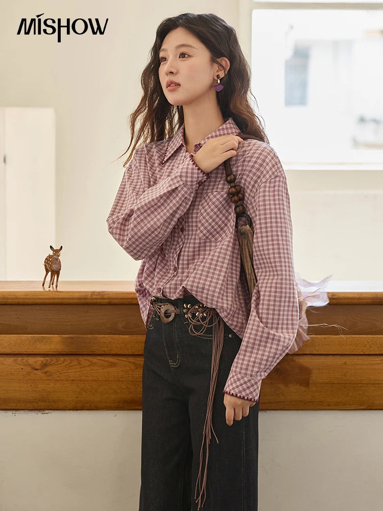 MISHOW Purple Plaid Shirt for Women Autumn 2025 Contrasting Embroidery Irregular Placket Shirt with Pocket Casual Top MXE44C2394