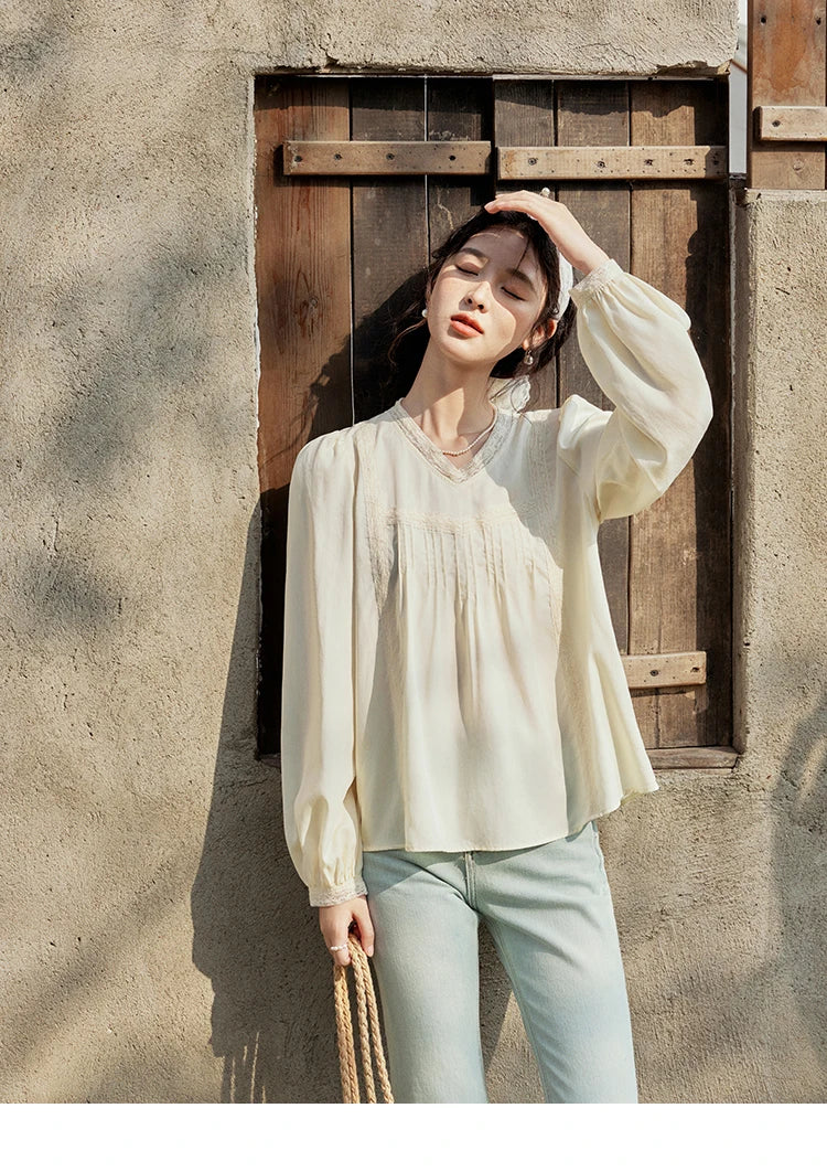 MISHOW Women's Lyocell Blouse 2025 Spring Summer Lace V-neck Commuting Top Puff Sleeve Solid Loose Blouse Office Lady MXE15X1735