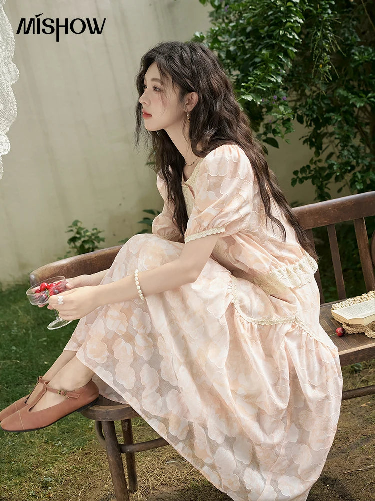 MISHOW French Embroidered Lace Bubble Sleeve Top & Elastic Waist Skirt Set MXD23X1428