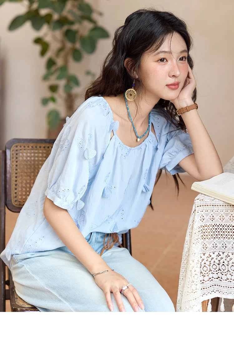 MISHOW Women's Butterfly Embroidery Blouse 2025 Summer New Fashion Hollow Out O-Neck Casual Top Female Clothing MXE36X1878