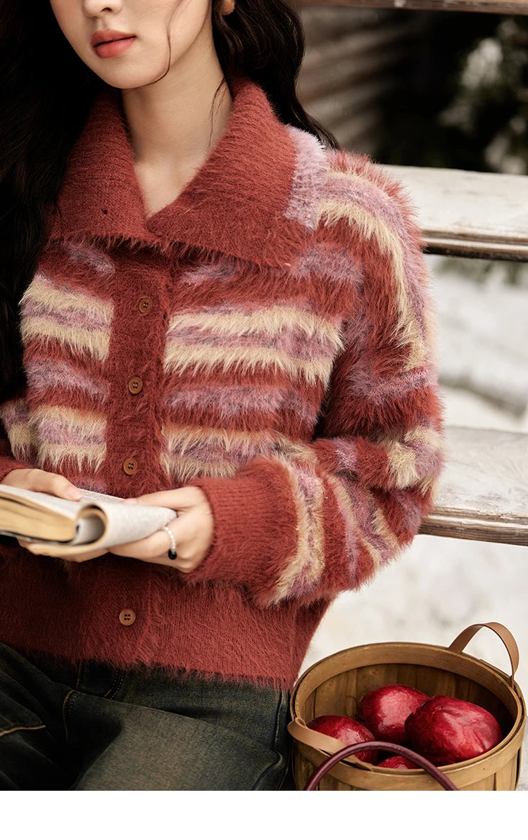 Mishow Red Striped Faux Mink Fur Stand Collar Cardigan MXD59Z1005
