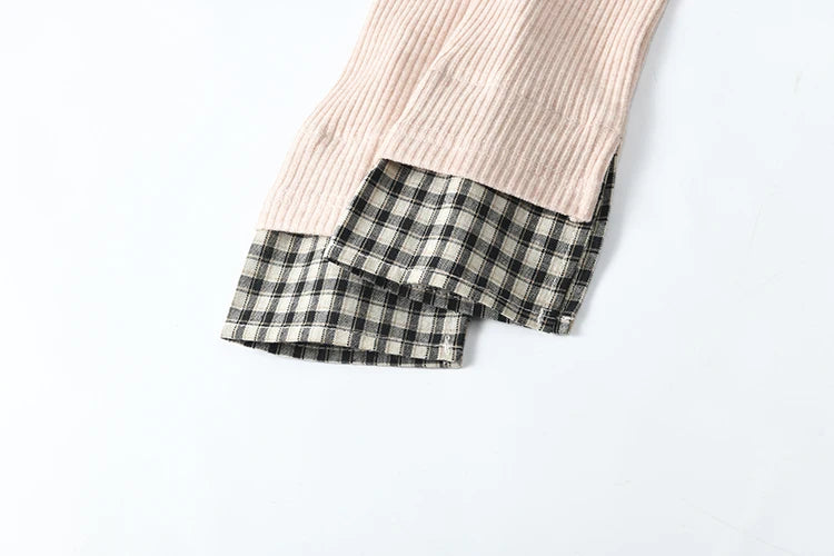 MISHOW Plaid Splicing Fake Two-piece Tops for Women Spring 2025 Contrasting Colors Slim Thin Top V-neck Casual Tees MXE13Z1108