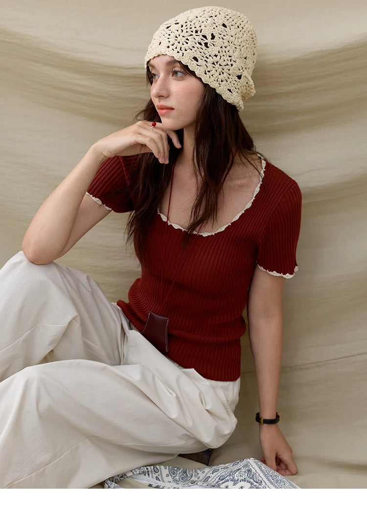 MISHOW Office Lady Summer Sweater Women 2025 New Solid Short Sleeve Lace Collar Contrast Color Hook Design Tops Slim MXE33Z1218