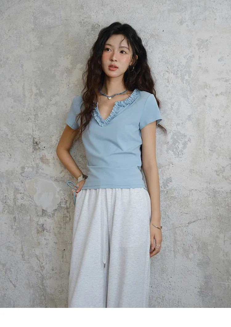 Mishow Lace V-Neck Short Sleeve Tee MXE35T0562