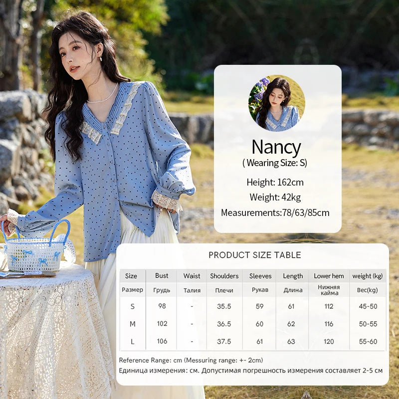 MISHOW Lace Patchwork Polka Dot Shirt for Women Spring 2025 French V-neck Shirt Cuff Splic with Hollowed Out Lace Top MXE12X1707