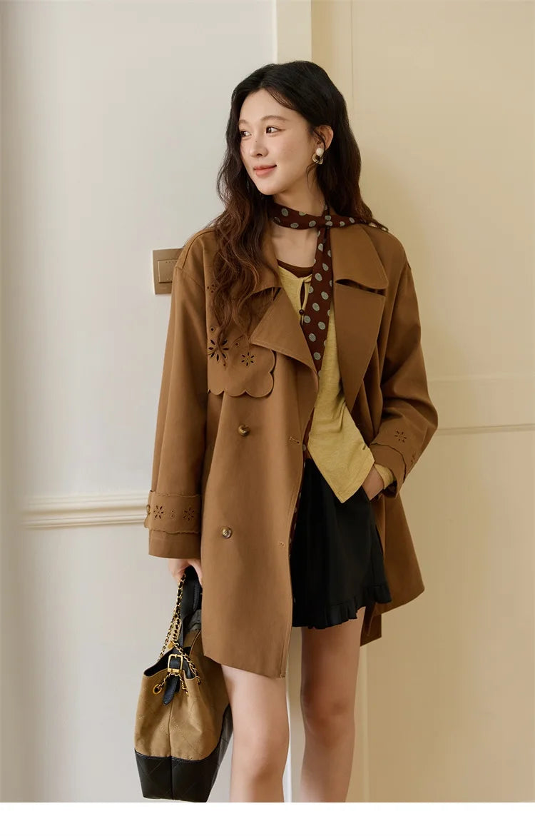 MISHOW Hollow Flower Trench Coat for Women Autumn 2025 Double Breasted Retro Trench with Slant Pocket Belt Coats MXE46W0838