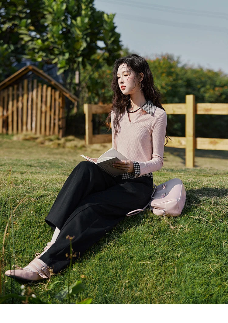 MISHOW Plaid Splicing Fake Two-piece Tops for Women Spring 2025 Contrasting Colors Slim Thin Top V-neck Casual Tees MXE13Z1108