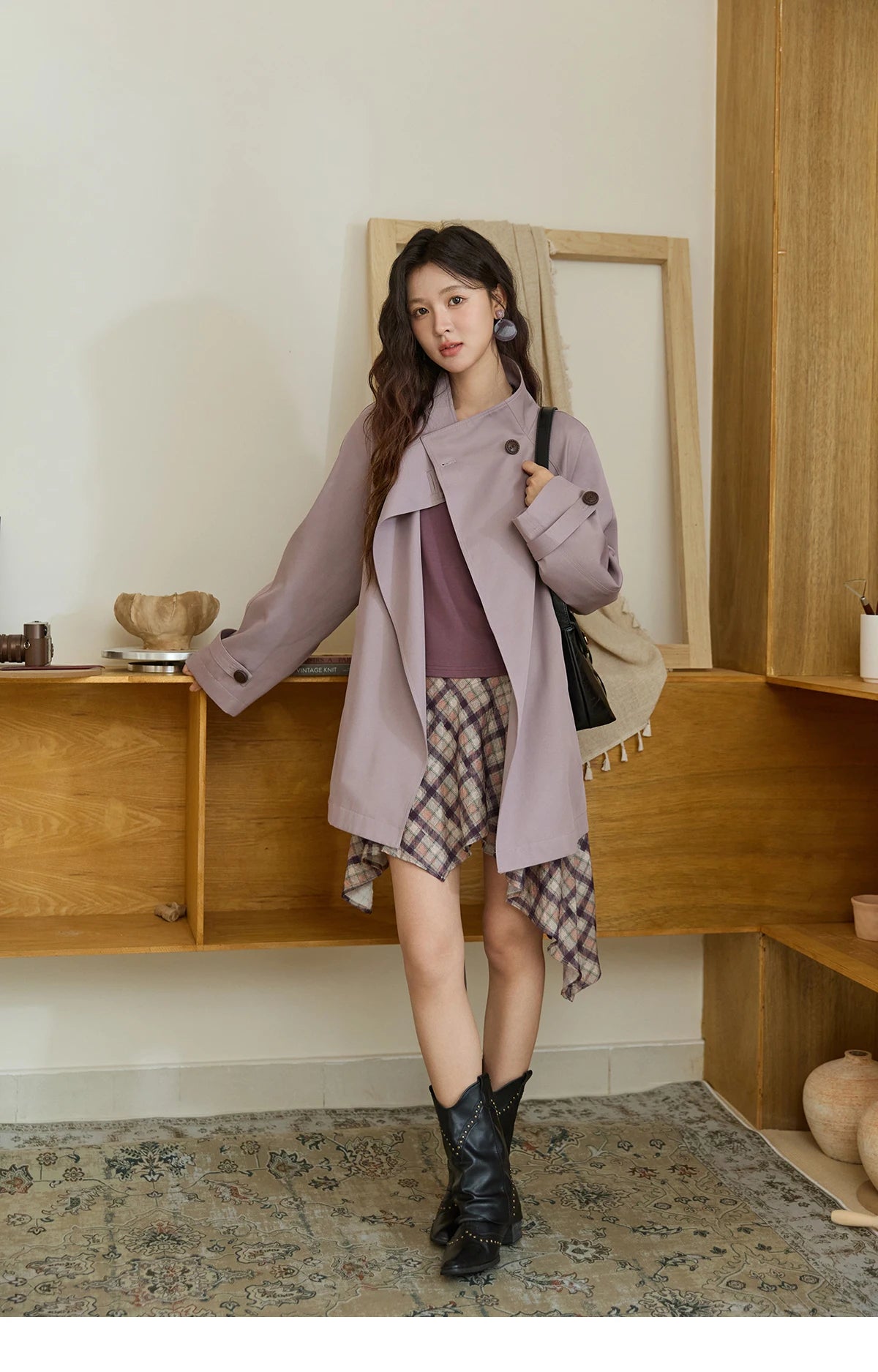 MISHOW Purple Plaid Irregular Skirt for Women Autumn 2025 Linen Blend Invisible Zipper Short Skirt Ruffle Hem Skirts MXE42B2395