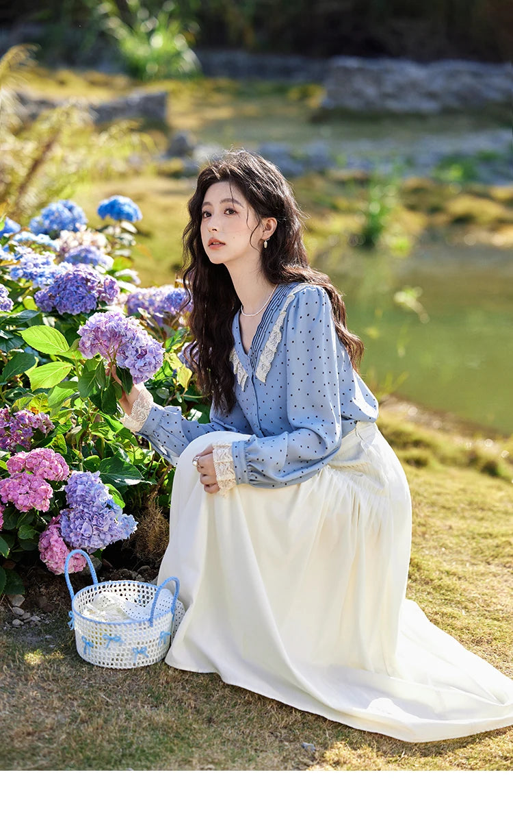 MISHOW Lace Patchwork Polka Dot Shirt for Women Spring 2025 French V-neck Shirt Cuff Splic with Hollowed Out Lace Top MXE12X1707