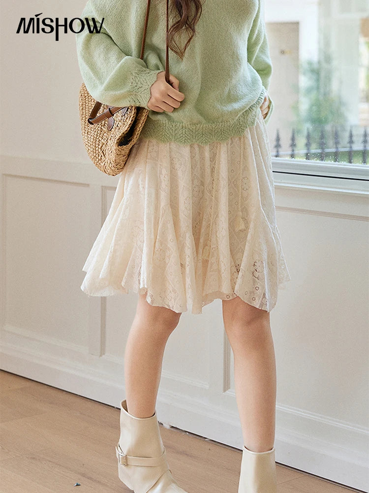 MISHOW Women's Beige Apricot Lace Midi Skirt 2026 Spring High Waist Flowy A-Line Skirts Irregular Romantic Skirt MXF108B0768