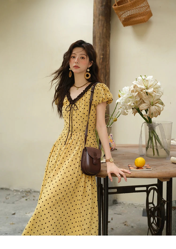 MISHOW Women's Casual Polka Dot Dress 2025 Summer New Ladies Puff Sleeve V-neck Lace Up Ruffle Edge Pocket Dresses MXE39L2326