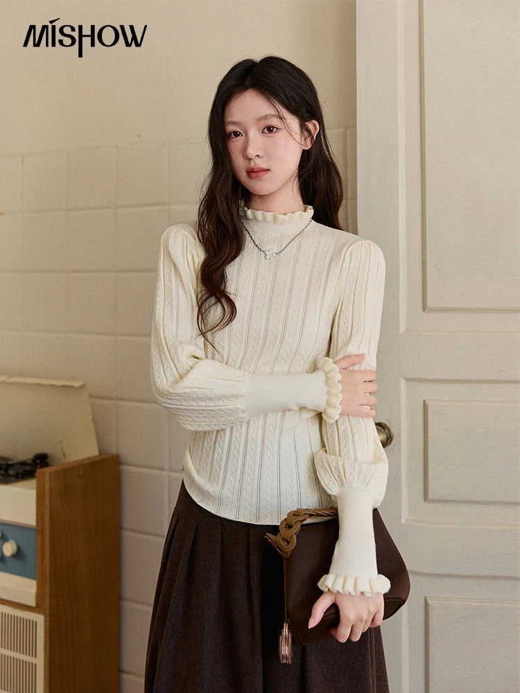 MISHOW Women's Half Turtleneck Ruffle Trim Lantern Sleeve Bottoming Tops 2025 Winter Vertical Rib Slim Knitted Top MXE93Z2810