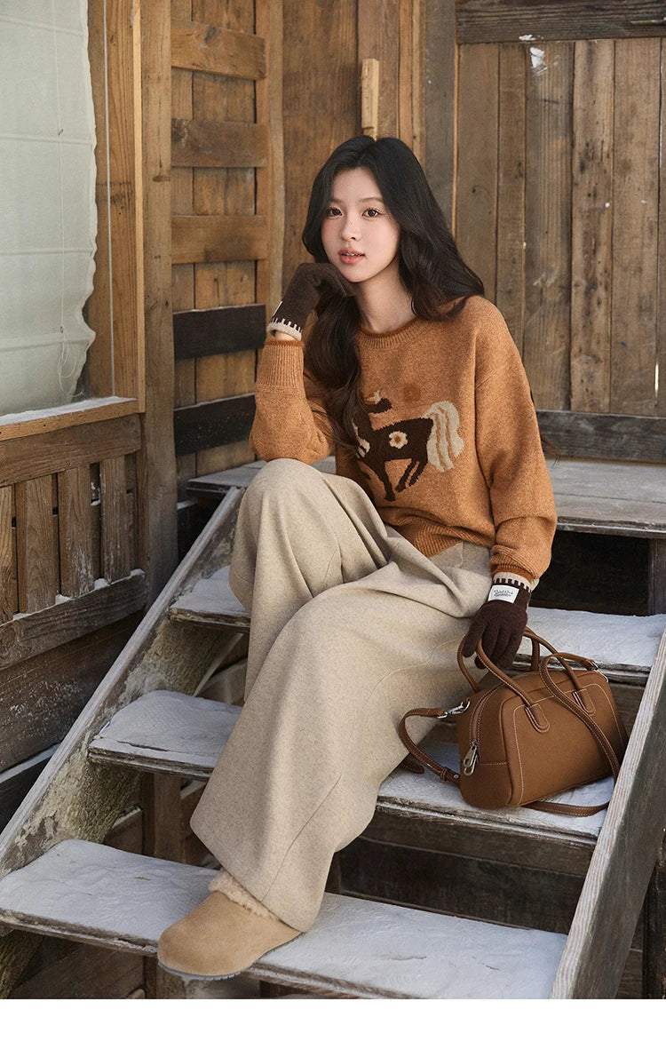 MISHOW Women's Horse Pattern Knit Sweater Winter Crew Neck Sweaters Collar Cuffs Splice Contrasting Faux Mink Fur Top MXE94Z2863