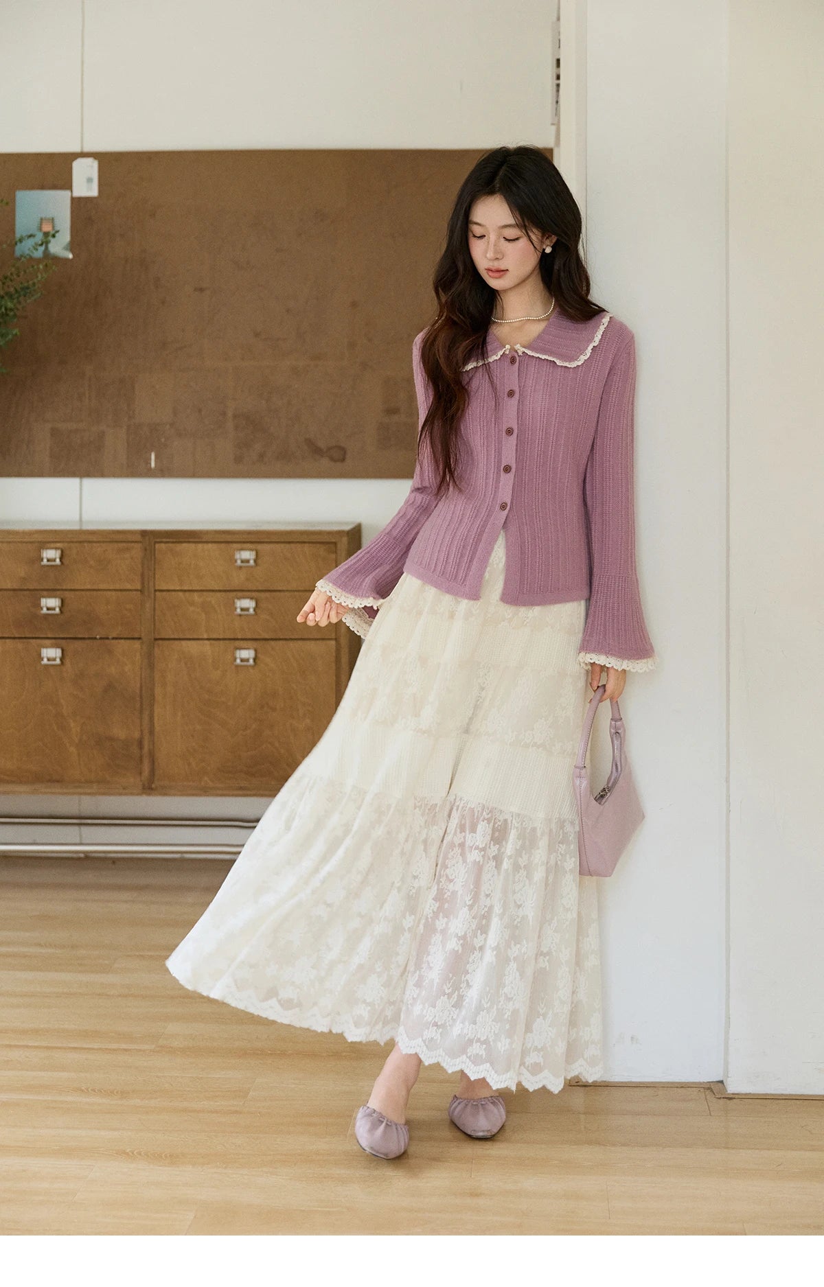 MISHOW Women's Lilac Flare Sleeve Knitted Cardigan 2026 Spring Peter Pan Collar Lace Trim Long Sleeve Slim Casual Top MXF11Z2994