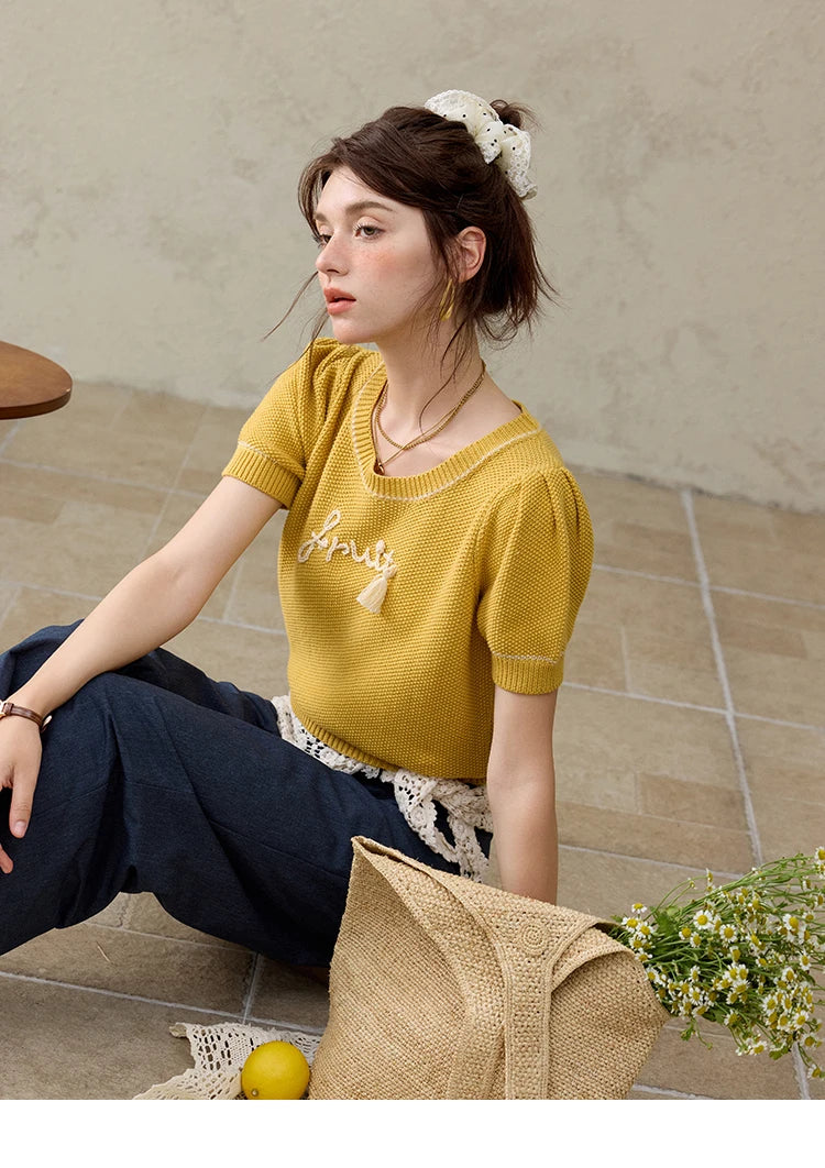 MISHOW French Knitted Pullover Women Summer 2025 Letter Short Sleeve Round Neck Slimming Sweater Female Fashion MXE33Z1219