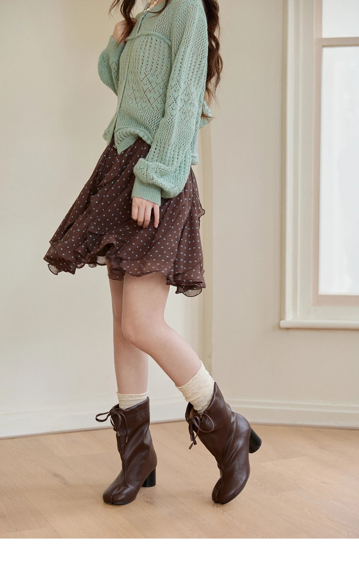 MISHOW Women's Brown Polka Dot Skirt Spring Irregular Ruffled Chiffon Elastic Waist Skirts Casual A-line Mini Skirt MXF13B2476