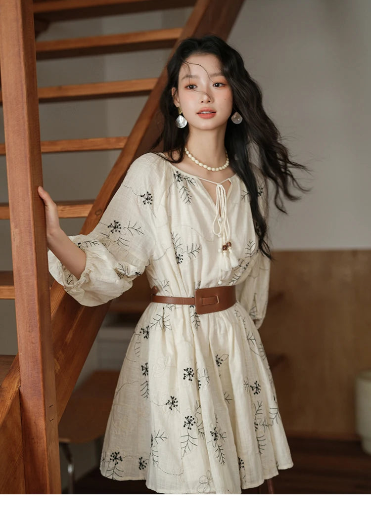 MISHOW Embroidered Doll Dress 2025 Seven Cent Lantern Sleeve Dress O-neck Tassel Lace-up Cotton Dress with Waist Belt MXE41L2480