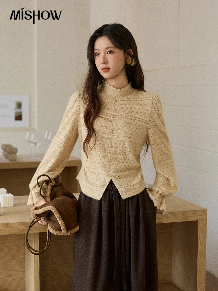 MISHOW Women's Lace Blouse 2025 Winter Fashion Yellow High Neck Slim Fit Top with Slits Base Layer Top Commute MXE48X2501