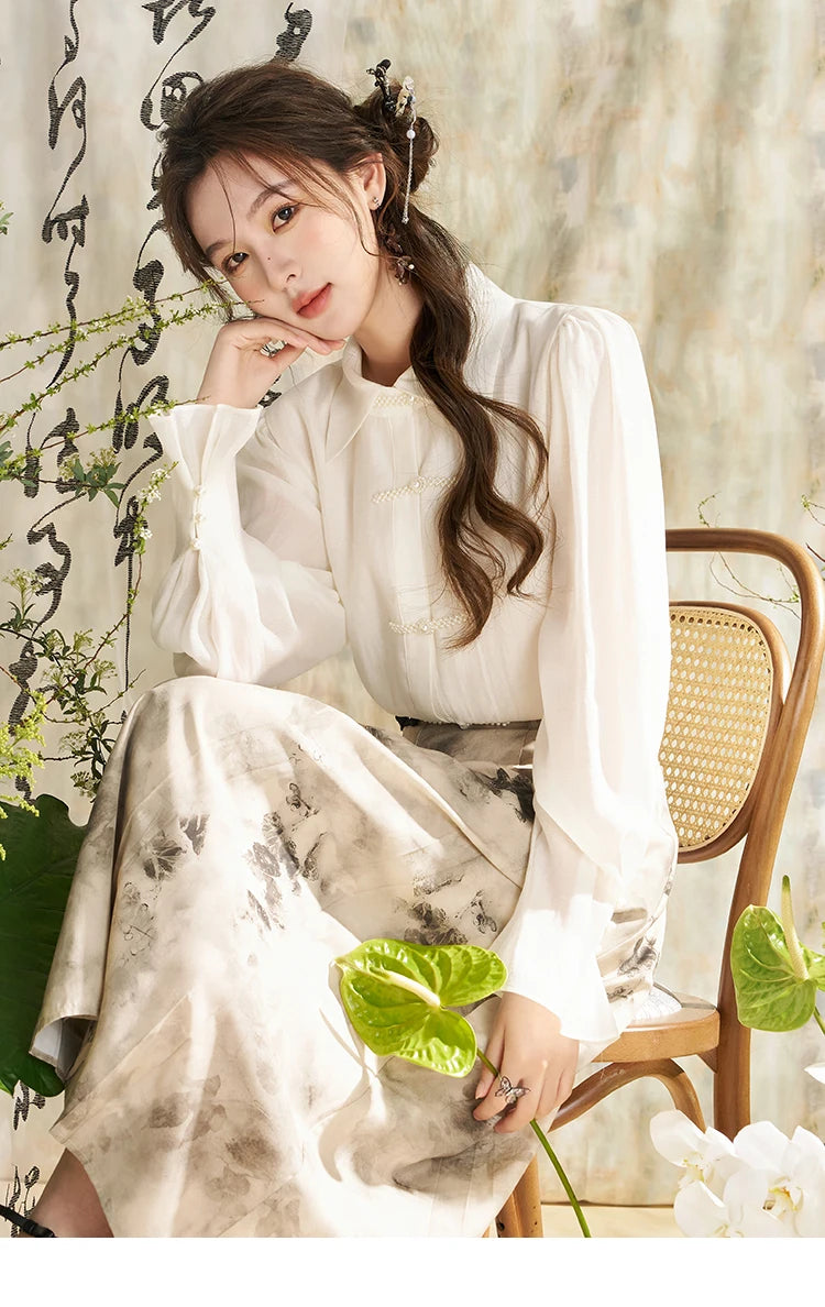 MISHOW Chinese Style Lapel Shirt 2024 Spring Retro Button Pearl Embellishments Folded Cuffs Petal Sleeve Loose Top MXD11X1344