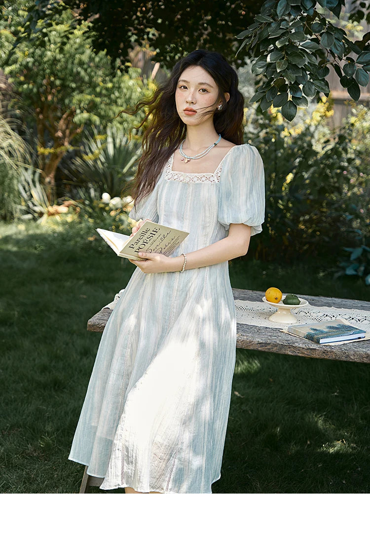 MISHOW Women's Summer Dress 2025 New Fashion Striped Square Neck Spliced Lace Hollow Out Dress Waist Lace Up Dresses MXE39L2403