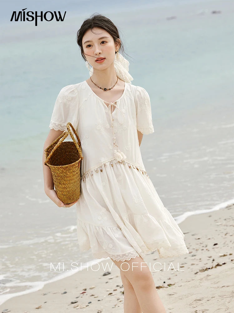 MISOHW Bohemian Solid Women's Summer Dress New 2025 Short Sleeve V-neck Shell Lace Midi Dresses for Woman Fashion MXE33L2195