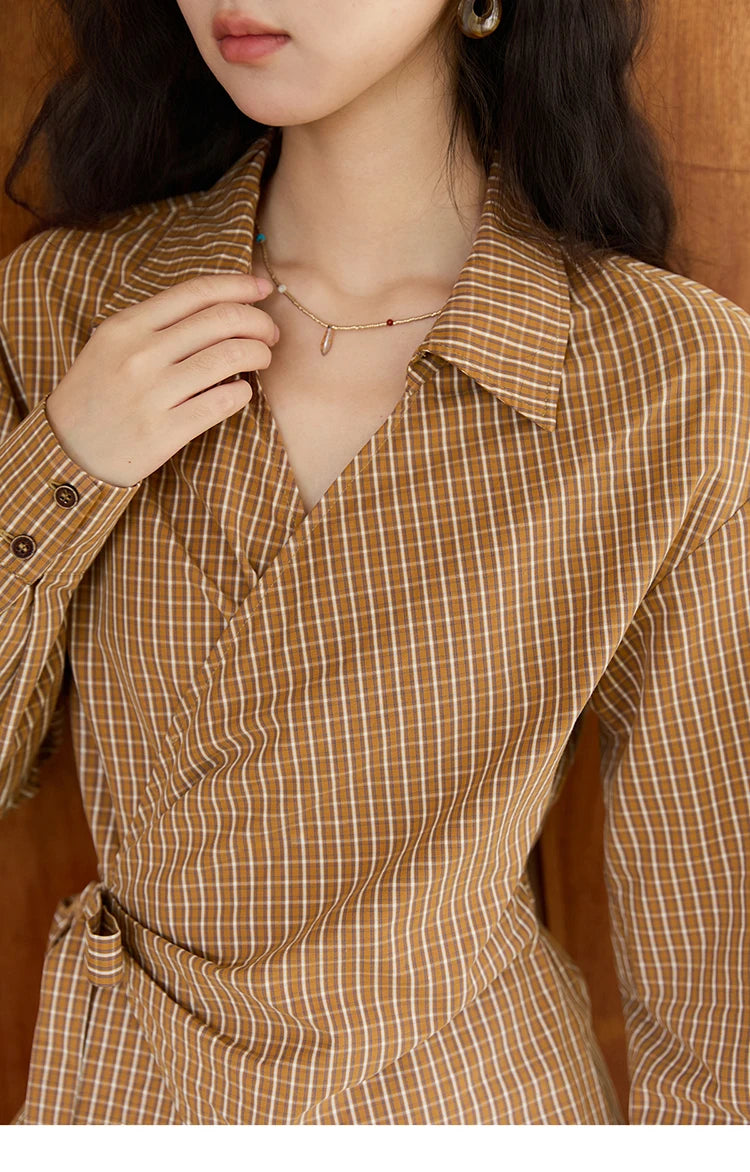 MISHOW Women's 100 Cotton Dark Orange Plaid Shirt  Autumn Design Side Waist Lace-up Long Sleeved Shirts Office Lady MXE46X2494