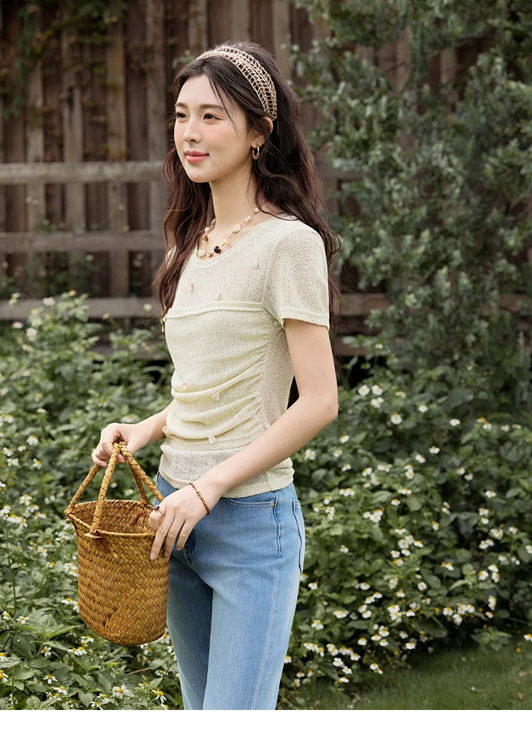 MISHOW Solid Office Lady Summer Shirts for Women 2025 New Short Sleeve Round Neck Knitted T-shirt Female Fashion Slim MXE32Z1232